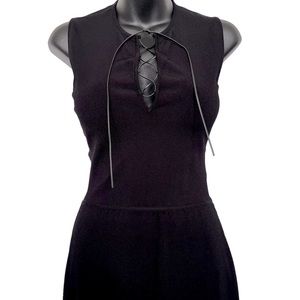Gucci Sleeveless Black Sheath Dress Deep V-Neck w/Leather Lace-Up Strap - Medium